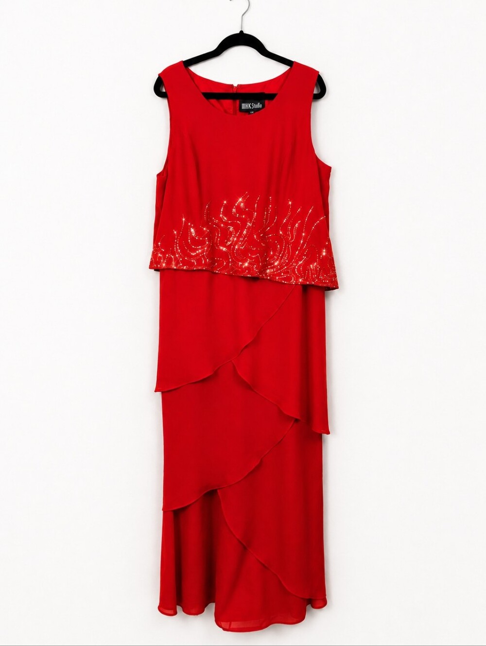 Vintage 90s Marsoni Red Beaded Tiered Maxi Dress 18 Y2K Formal Evening Wedding